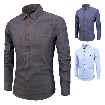 

Men's Long Sleeve Shirt Cotton Youth Cloth Slim Casual Imitation Denim Shirt Jacket Fashion Men S19