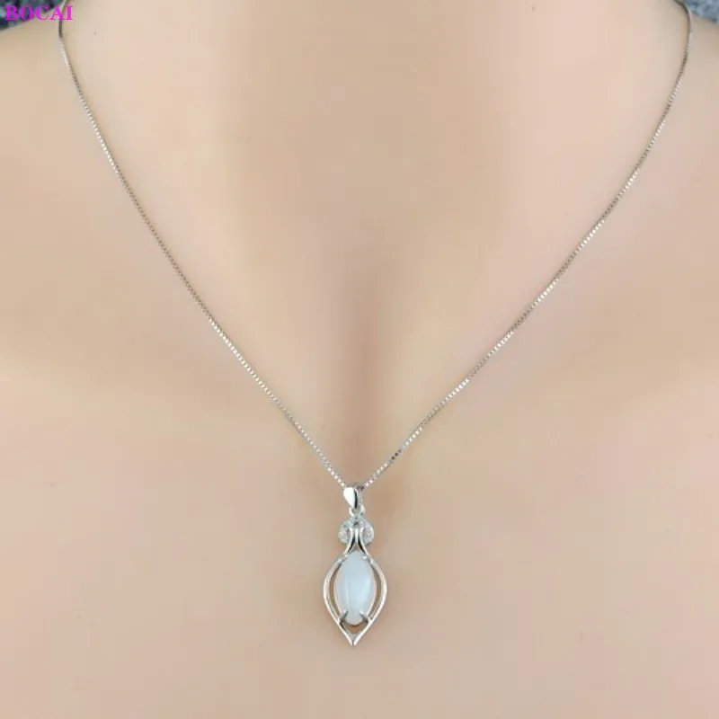 BOCAI Real Sterling Silver S925 Necklace with Pendant for Women Thai Silver Simple Hetian Jade Neck Chain Valentine's Day Gift