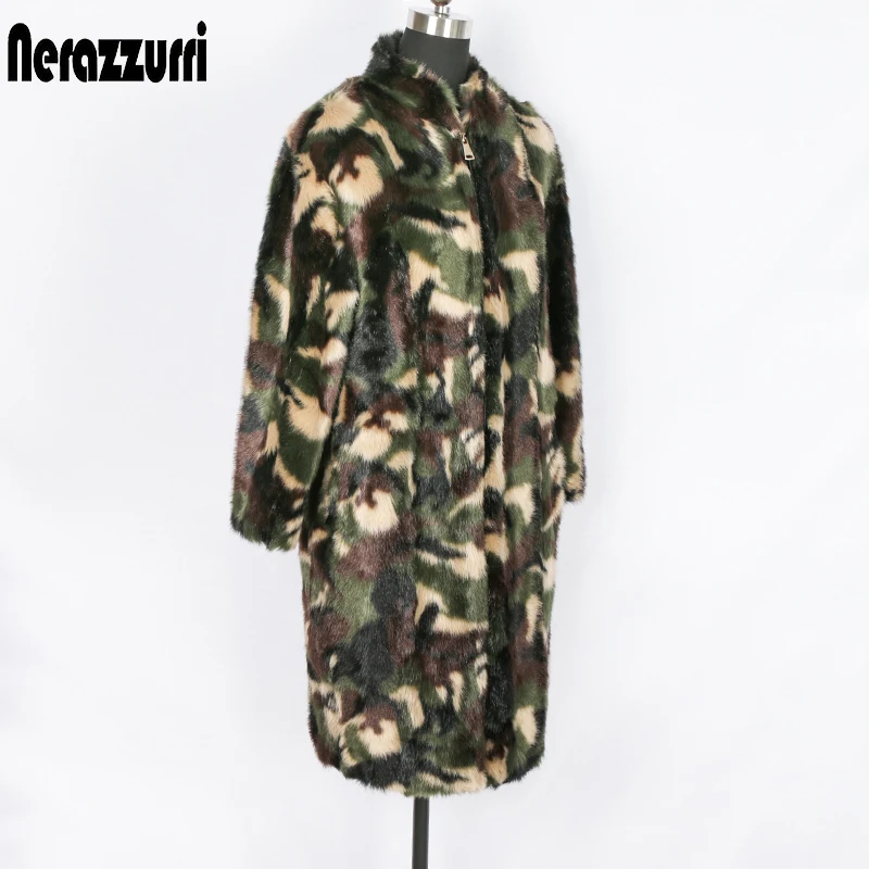 TRENDINAO Soft Faux Fur Jackets Hooded Fashion Winter Warm Fleece Camouflage Long Sleeve Medium Coat Outwear 