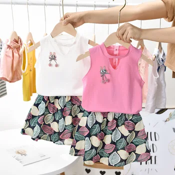 

5 Set/set Kids Girl Summer Dress Sets Children Sleeveless T-shirts Tops+Printed Skirt Children Dress Clothing 2-pcs