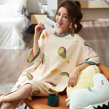 

Sleepwear For Women Lovely Avocado Pattern Pajamas Cotton Short Home Wear Hot Sale Femme Underwear Pijamas Nightgowns Dress
