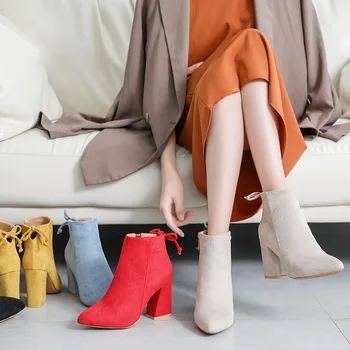 

CONSTANT Women Shoes Ankle Pumps Flock Toe Boots Solid Autumn Spring 2019 New High-heeled Shoes Botas Mujer Dropship