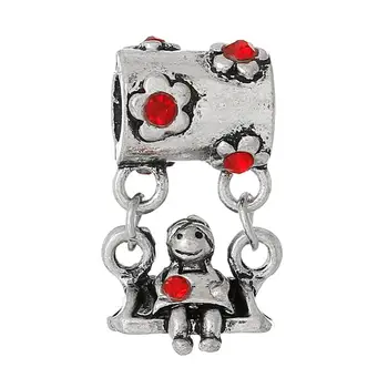 

DoreenBeads European Charm Slide Pendants Little Girl On Swing Silver Color Flower Red Rhinestone 25mmx14mm,10 PCs
