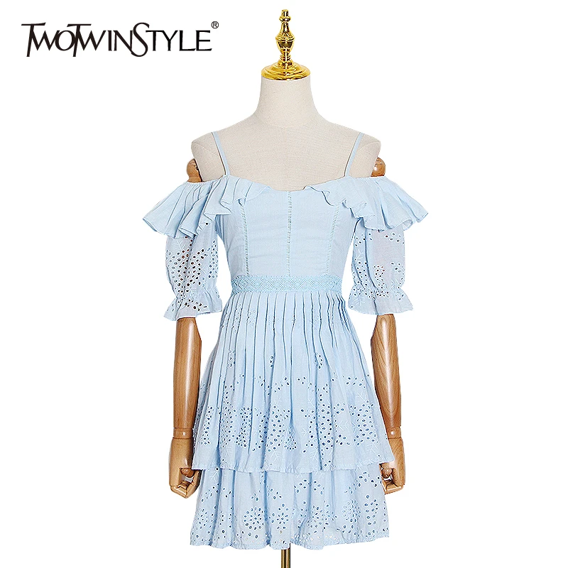 TWOTWINSTYLE casual Hollow Out Dresses Female Square Collar Flare Half Sleeve High Wiast Ruched Patchwork Ruffle Dress Women New TWOTWINSTYLE casual Hollow Out Dresses Female Square Collar Flare Half Sleeve High Wiast Ruched Patchwork Ruffle Dress Women New