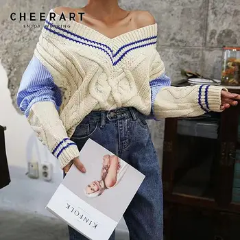 

Cheerart V Neck Sweater Women Pullover Striped Patchwork Blue Loose Cable Knitted Sweater Tricot Pull Femme Clothing