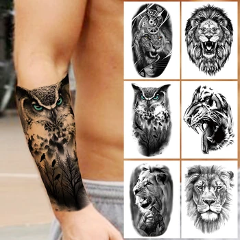 Tatouage temporaire pour hommes, femmes, enfants, garçons, Lion, faux monstre, autocollant, boussole, transfert d’eau noir, bras