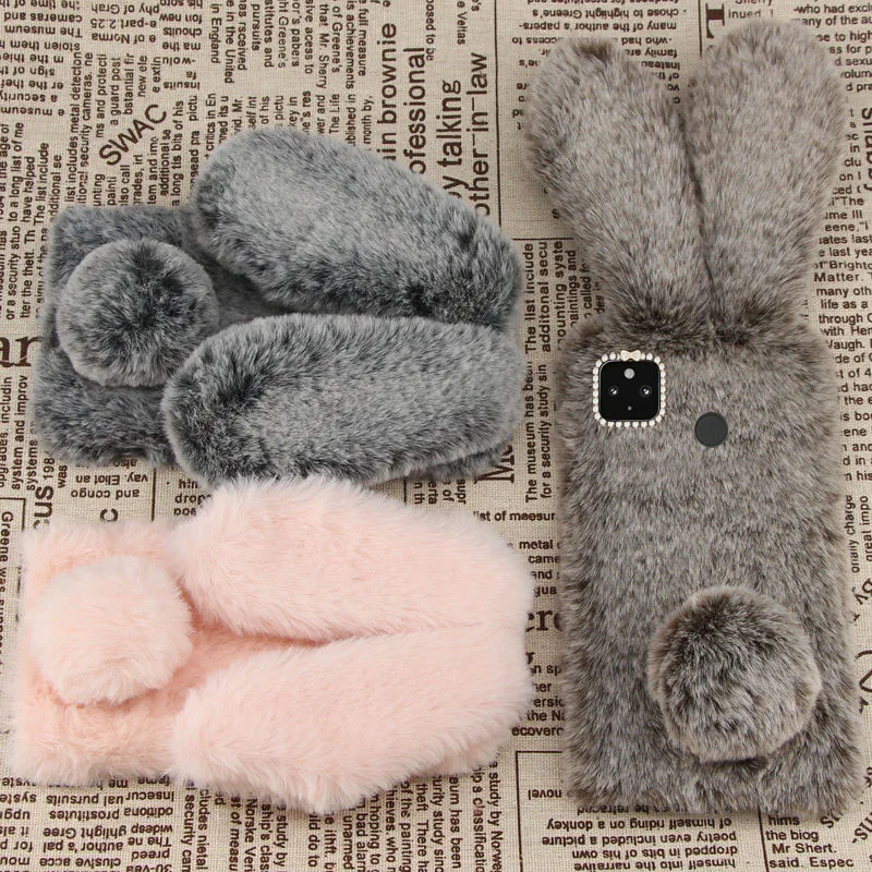 

For Google 4A 5G Case Fashion winter Keep warm Plush rabbit doll Silicone Shockproof Back Cover For Google 4A 5G Phone Case