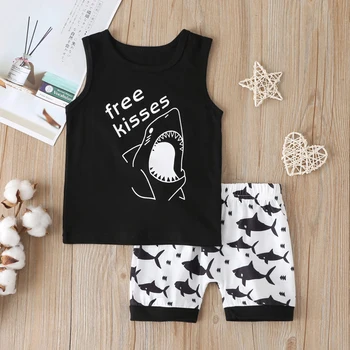 

2pcs 3-24M Baby Summer Clothes Set Kids Boys Letter Shark Vest Tops Shorts