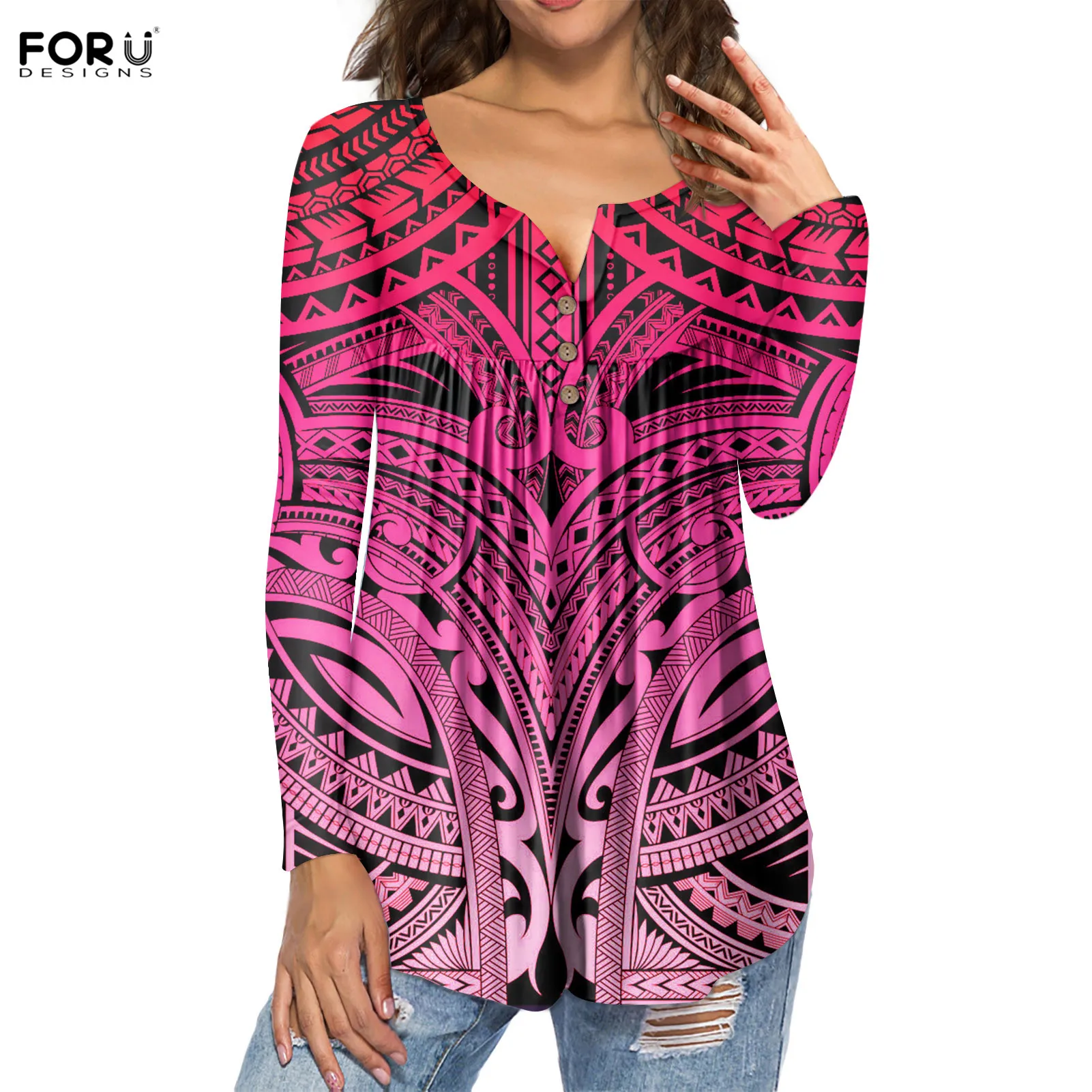 FORUDESIGNS Gradient Polynesian Tribe Pattern Ladies Long Sleeved Shirts Sexy V Neck Fashion Plus Size Casual Blouses 3XL Mujer | Женская