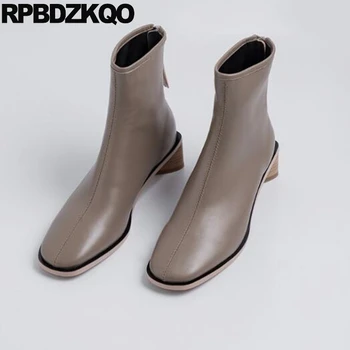 

sheepskin block autumn fashion fall square toe zipper 2019 shoes chunky short women ankle boots medium heel genuine leather
