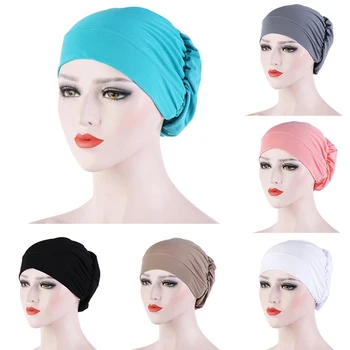

2020 Elastic Cotton Turban Hat Solid Color Women Warm Winter Headscarf Bonnet Inner Hijabs Cap Muslim Hijab femme Wrap Head