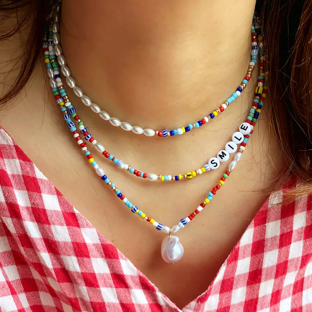 Boho Handmade Rice Bead Necklace Letter 