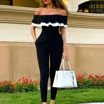 

Fashion Black Jumpsuit Slash Neck Short Sleeve Patchwork Streetwear Women Jumpsuit Elegant Slim Ruffles Decor Sexy Jumpsuit X