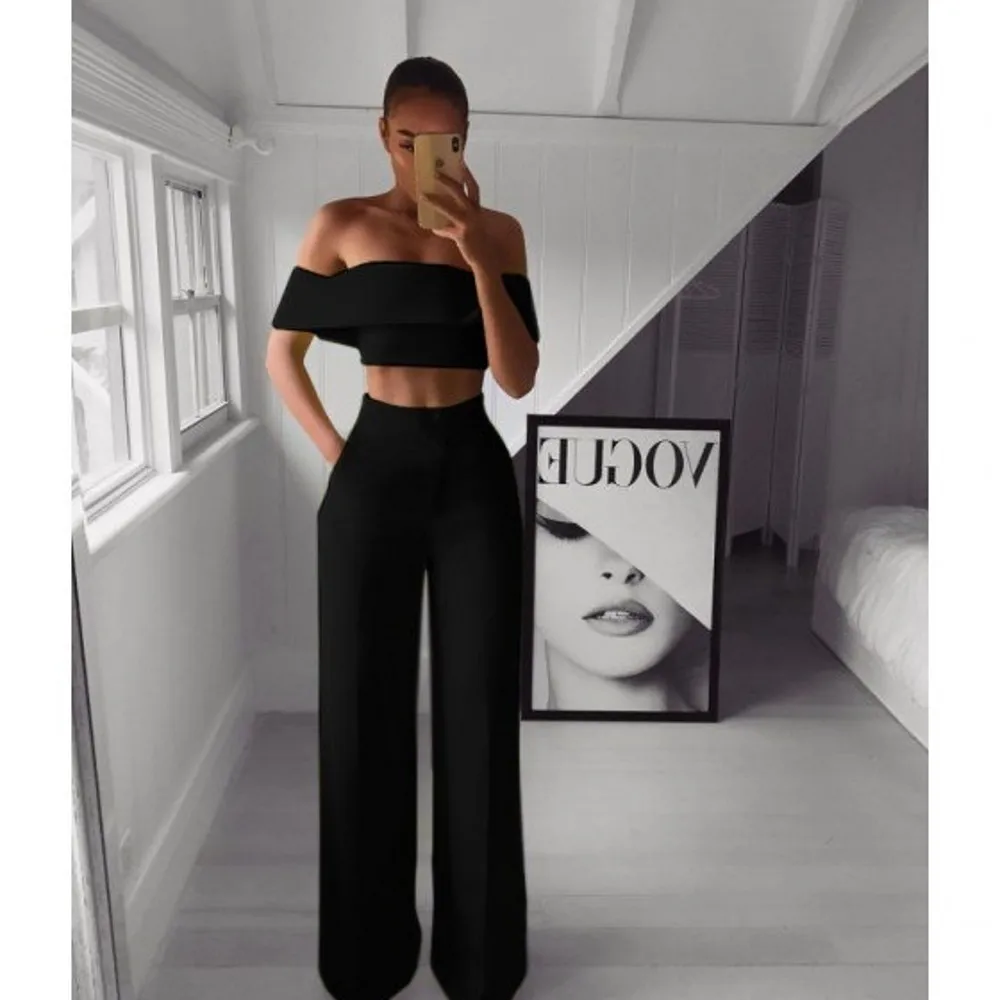 Sexy Ladies Suit Solid Color Fashion Concise One-shoulder Halter Top + Casual Pants Two-piece Summer European American Clothing