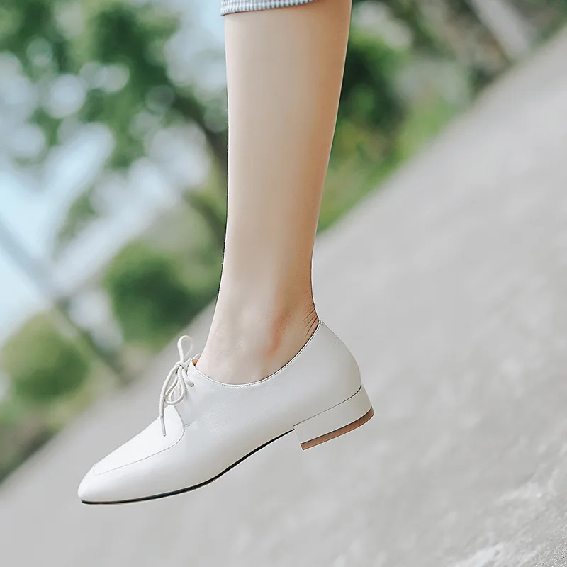 

Soft Full-grain Leather Lace-up Small Shoes 2019 Spring New Style Genuine Leather Low Heel England WOMEN'S Shoes Square Head Cas