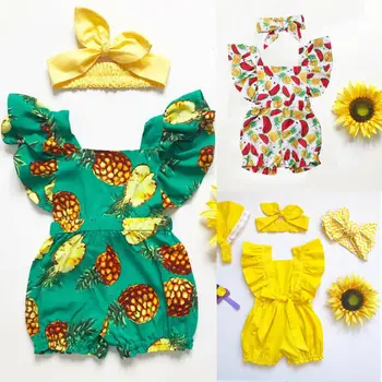 

Baby Summer Clothing Newborn Baby Girl Fly Sleeve Ruffle Romper Jumpsuit Headband 2PCS Outfits Set Pineapple Solid Clothes
