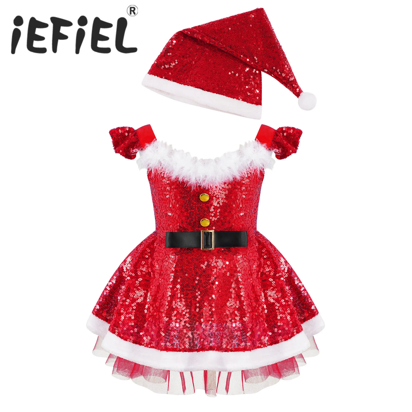 

Kids Girls Elf Christmas Costume Sequins Faux Fur Adorned High Waist Stage Performance Dress with Santa Clause Hat Dress Up Sets