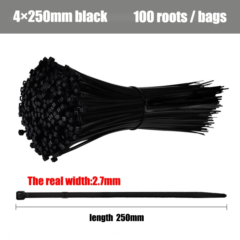 100 шт. самоблокирующийся нейлоновый шнур с черным и белым шнуром, жгут проводов, шнур с огнезащитной пластиковой лентой 4*200 мм - Цвет: 4mm250-black