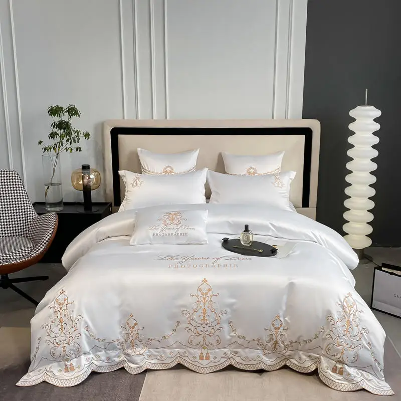

White Embroidery Home Textile Bedding Set Luxury Soft Satin Cotton Duvet Cover Bedspread Sheet Pillowcases King Queen Size