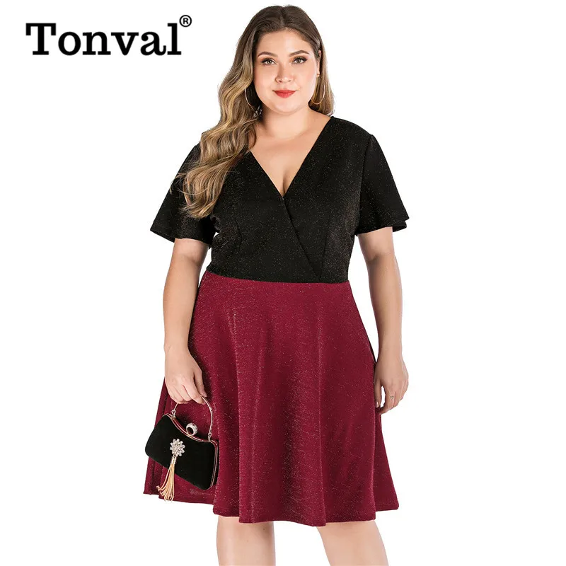 Tonval Плюс Размер Черное и бордовое двухцветное блестящее платье женское