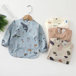 Delantal de alimentación de bebé impermeable para niños pequeños, babero de manga larga con bolsillo, lavable, fácil de limpiar