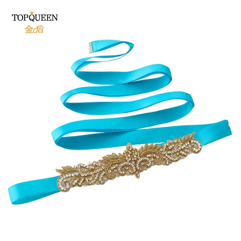 blue TOPQUEEN S375-G горный хрусталь Женский поясной ремень из бисера Индийские ремни индийские кружевные свадебные ленты Золотой свадебный пояс-лента модный пояс - Цвет: blue