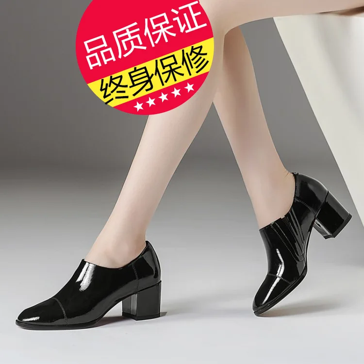

2018 Autumn New Style Western Style round-Toe Chunky Heel Semi-high Heeled Wrinkle niu qi Small Leather Shoes Genuine Leather Br