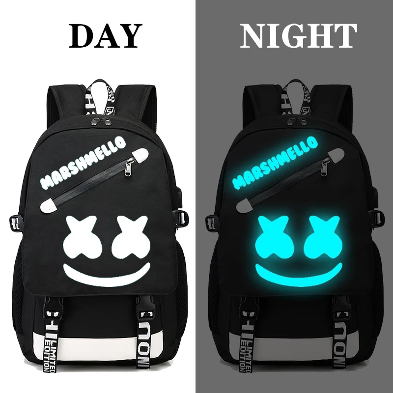 New DJ Marshmellow luminous backpack multifunction USB charging Anti theft for teenagers boys Girls Student School Bag