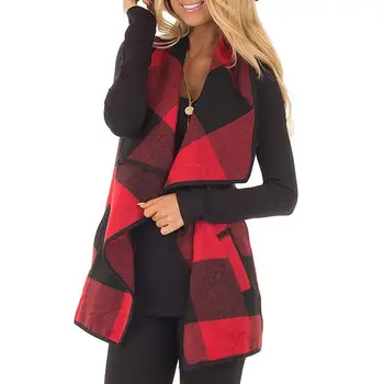 

Plaid Print Waistcoat Women Irregular Draped Open Front Sleeveless Vest Coat