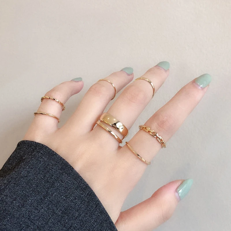 7PCS/SET Korea Fashion Mixed Minimalist Ring Set Geometric Round Metal Gold Silver Color Cuff Open Rings Jewelry For Women