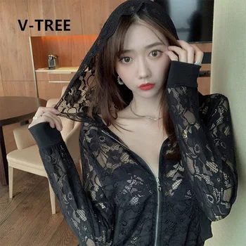 

V-TREE Hooded Jacket Light Mature Cardigan Thin Lace Jacket Outside Female Sunscreen Clothing Summer 2020 New Tide Blouses