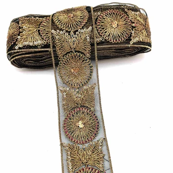 

1 Yard Golden Embroidered Lace Trim Ethnic Style Mesh Handmade Lace Ribbon for DIY Sewing Lace Materials for Dress