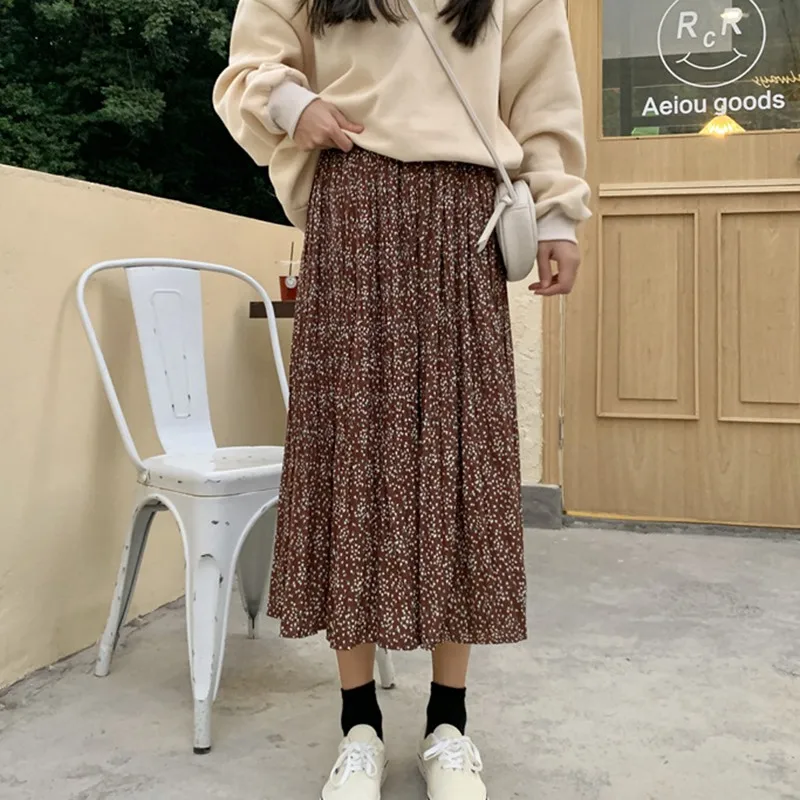 Модная женская винтажная юбка в литературном стиле, повседневные юбки с цветочным принтом, милая плиссированная юбка с эластичной резинкой на талии