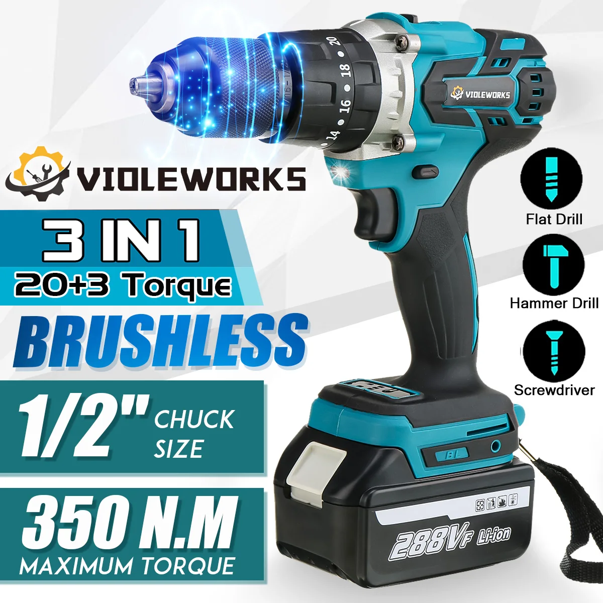 3 In 1 288V Brushless Electric Drill Screwdriver Variable Speed 20+3 Torque Cordless Hammer Impact Drill for Makita Battery 18V