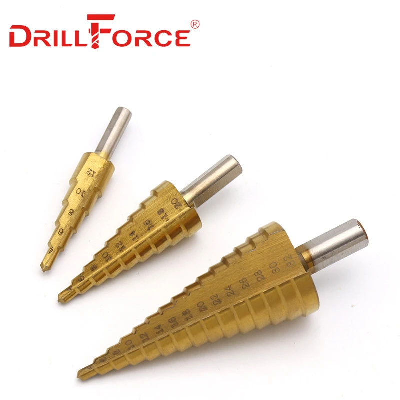 Drillforce 3 шт. большой шаг конус HSS Сталь Титан спираль рифленые Шаг сверло набор дыра резак инструмент для резки на возраст от 4 до 12 лет/20/32 мм+ деревянная коробка