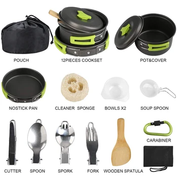 Camping Cookware 15Pcs Backpacking Gear Hiking Outdoor Non Stick Camping Tableware Set 1-2 People Lightweight Pot Pan Bowls 3