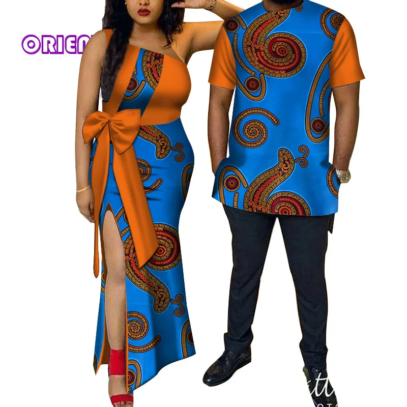 Африканская парная одежда женское платье Мужская рубашка Базен Riche Африканский принт одно плечо вечерние платья футболки для влюбленных WYQ114 - Цвет: 13