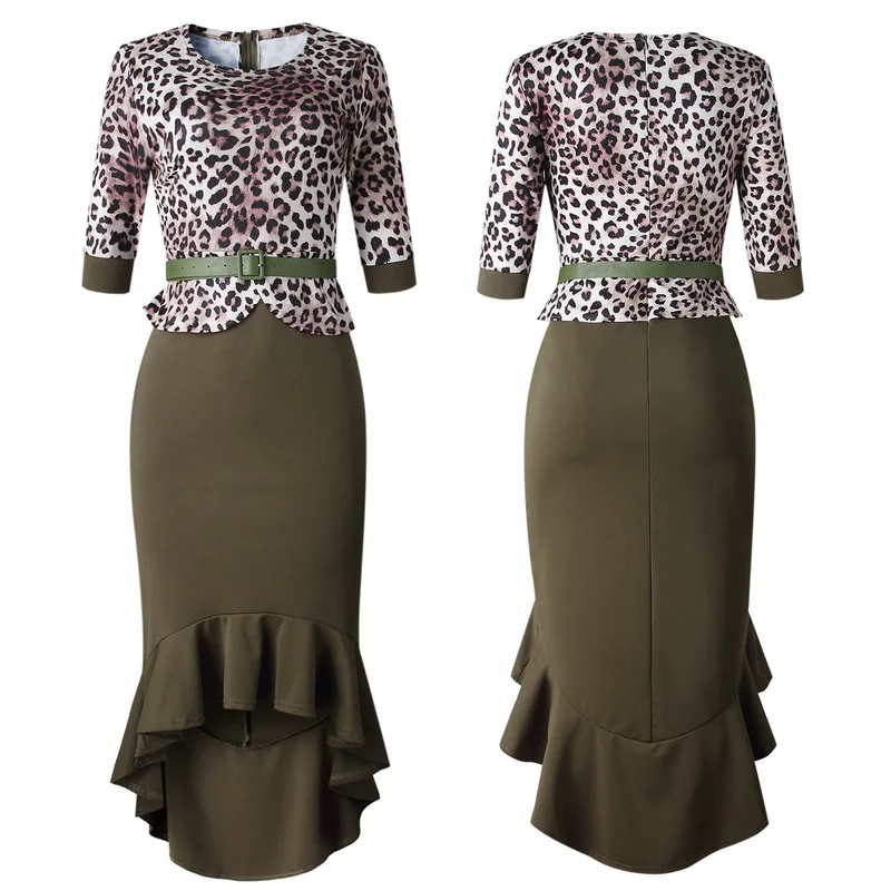 

Women Sexy Party Night Club Dress with Belt Autumn Leopard Print Dress Lady Office High Waist Female Fishtail Midi Dress Elegant