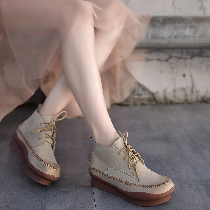 

Artmu Original New Thick Sole Short Boots Martin Boots Platform Genuine Leather Handmade Ankle Boots Lace-up Retro Women Shoes