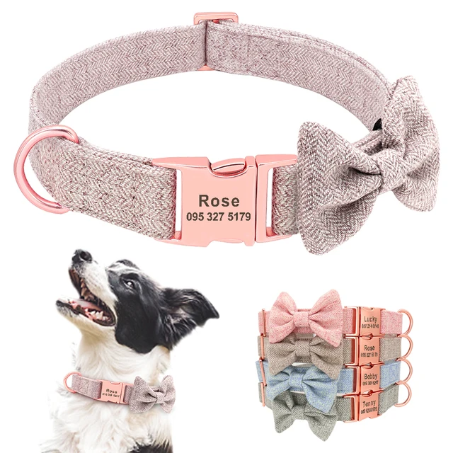 Personalized Dog Collar With Bow Tie Soft Woolen Cloth Dogs ID Collars Anti lost Free