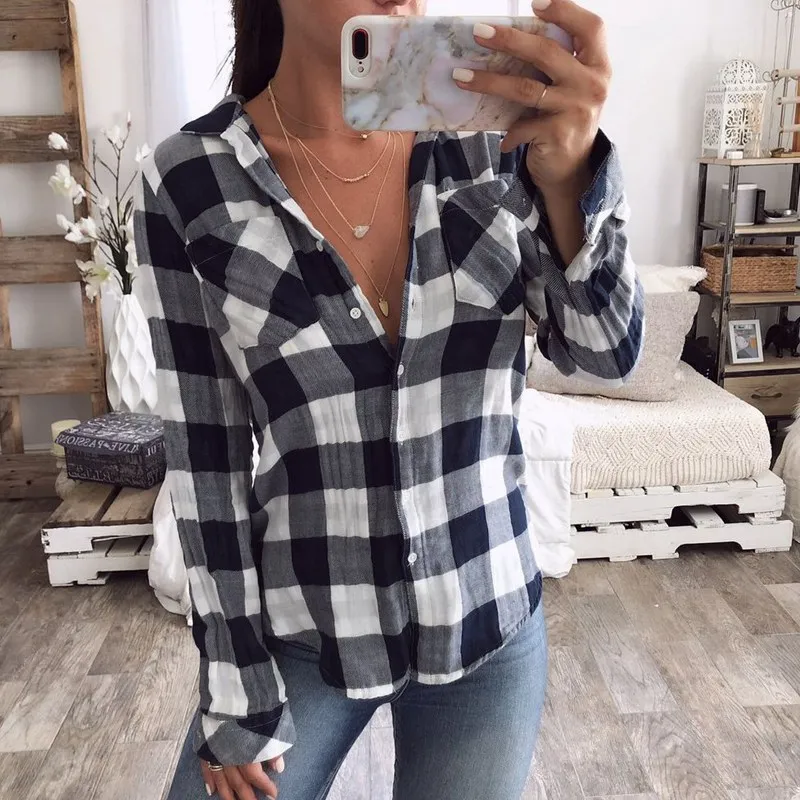  Womens Tops And Blouses Blue White Plaid Tops Fall Clothing Long Sleeve Shirts Turn-down Collar Cas