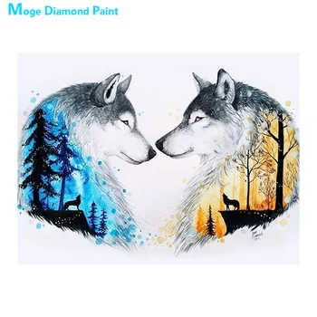 

Blue & Yellow Forest Double Wolf Diamond Painting Round Full Drill Animal Nouveaute DIY Mosaic Embroidery 5D Cross Stitch Gifts