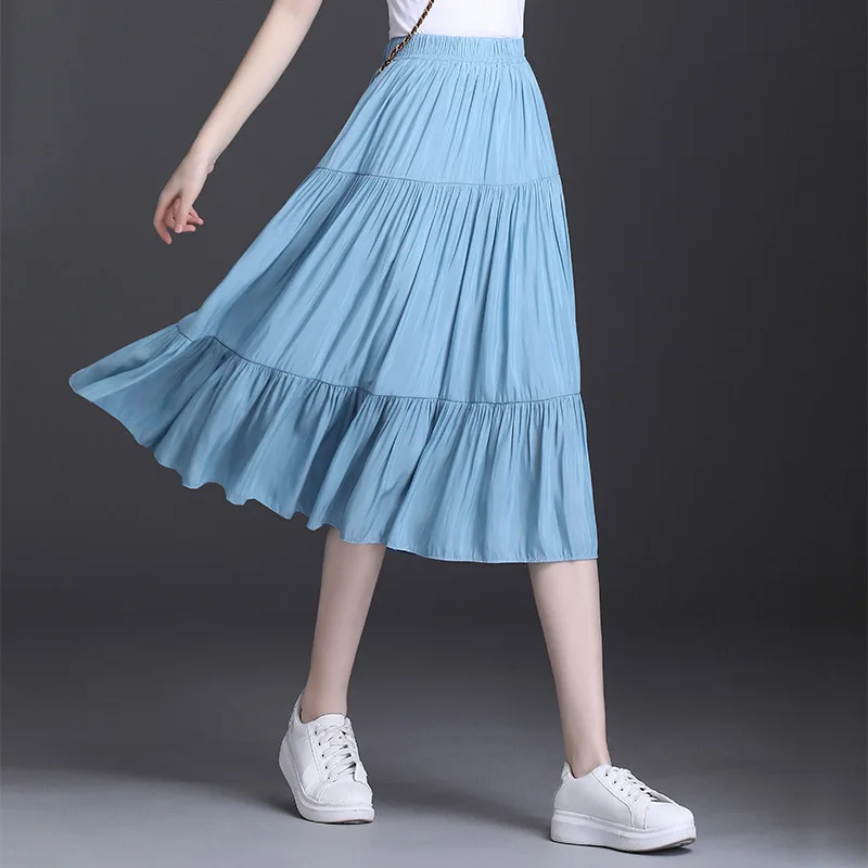 

Summer Women Midi Skirt 2020 Boho Chic Elastic Waist Ruffle Long Poplin Tiered Beach Skirts Faldas Mujer