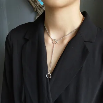 

RUIYI Women Real 925 Sterling Silver Double Circle Pendant Necklace Japanese Korean Girl Niche Minimalist OT Buckle Chic Chokers