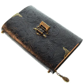 

Embossed Pattern Soft Leather Travel Notebook with Lock and Key Diary Notepad Kraft Paper Business Sketch and Writing