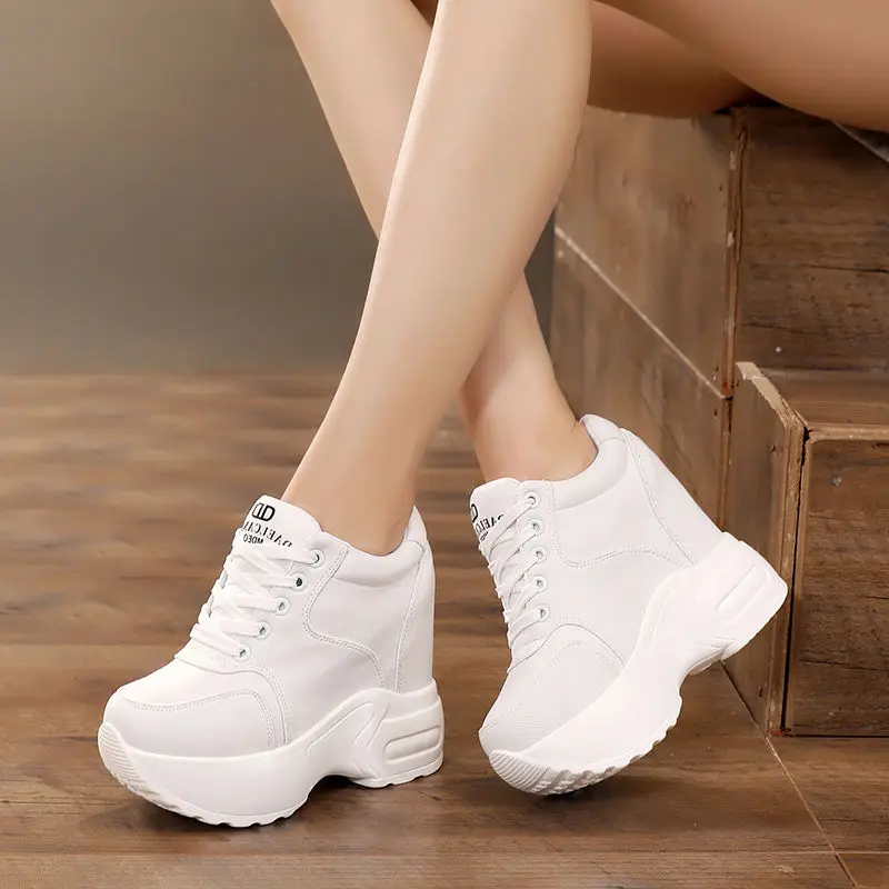 Women Platform Trainers Ankle Boots Autumn Mesh White Sneakers 10CM Heels Wedges Boots Breathable Height Increasing Woman platform boots ankle boots