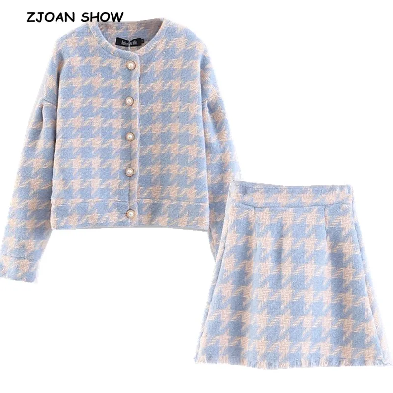 Best 2019 Sweet Women Pearl Button Check Gingham Plaid Blazer High Waist A line Mini Short Skirts Long Sleeve Suits 2 Pieces Set