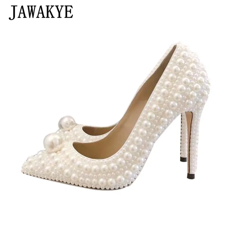 

Charming Handmade Pearls Stilettos Woman Ivory Pointed Toe String Bead Thin High Heels Elegant Pumps Women Party Wedding Shoes