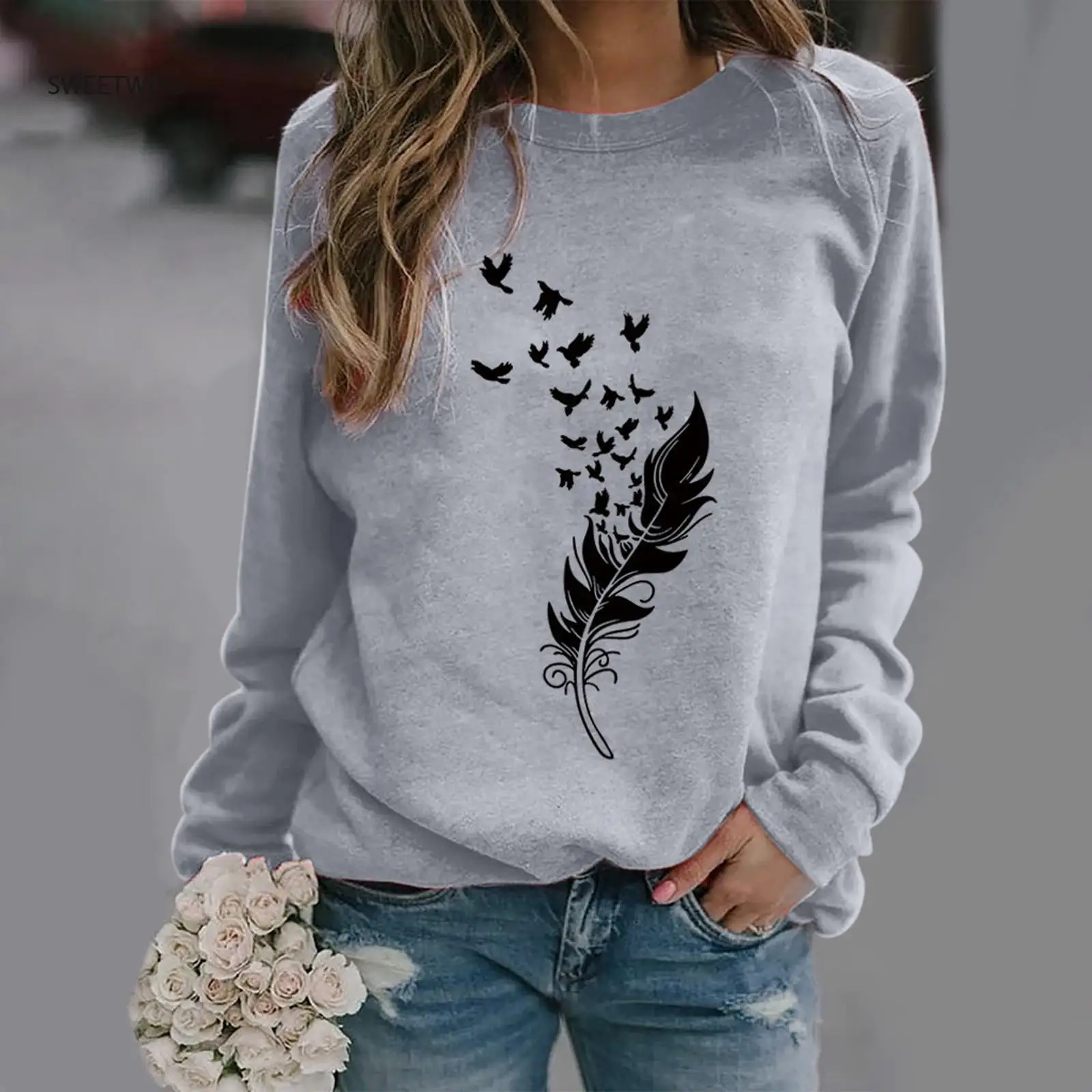 

Womens Feather Print SweaHoodies Long Sleeve Tops Harajuku SweaHoodie Aesthetic Fashion Autumn Casual Hoodies Women Clothing