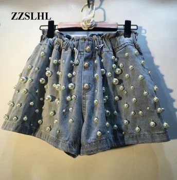 

2020 summer new handmade pearl high waist wide leg women denim shorts female short pants